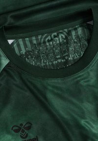 Zielona sportowa koszulka wykonana z gładkiej tkaniny. Posiada okrągły dekolt i subtelny nadruk graficzny wewnątrz kołnierza. Czarne logo z przodu.