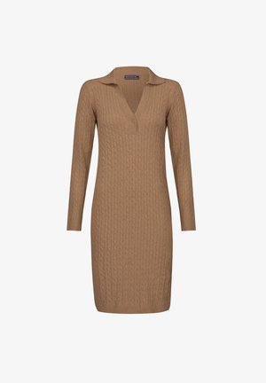 Strickkleid mit langen Ärmeln in hellbraun, mit V-Ausschnitt und Polokragen. Verfügt über einen Knopfverschluss am Hals und einen gerippten Saum.