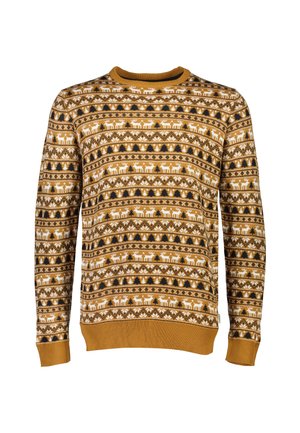 Gebreide trui in mosterdgeel met witte en zwarte geometrische patronen, met rendier- en boommotieven. Geribbelde kraag en manchetten.