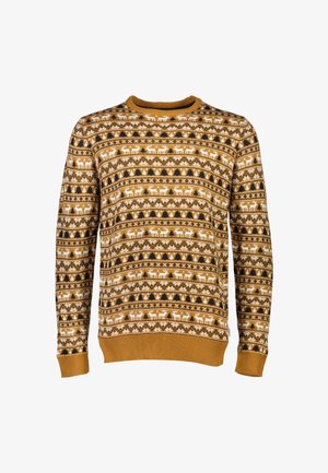 Gebreide trui in mosterdgeel met witte en zwarte geometrische patronen, met rendier- en boommotieven. Geribbelde kraag en manchetten.