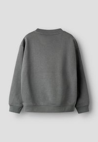 Felpa semplice a maniche lunghe di colore grigio scuro con polsini, orlo e collo a coste, mostrata da dietro su uno sfondo chiaro uniforme.