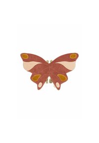 Butterfly-shaped rug in shades of rust, cream, and yellow. Soft texture with distinct wing patterns and a felt finish.