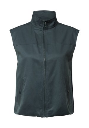 Ärmellose dunkelgraue Weste aus leichtem Stoff, mit hohem Kragen und Frontreißverschluss, ausgestattet mit zwei knöpfbaren Seitentaschen.