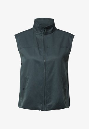 Ärmellose dunkelgraue Weste aus leichtem Stoff, mit hohem Kragen und Frontreißverschluss, ausgestattet mit zwei knöpfbaren Seitentaschen.
