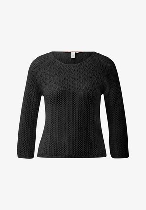 Pull noir à manches longues en tricot avec une texture à motifs et un col rond, présenté sur un fond blanc uni.