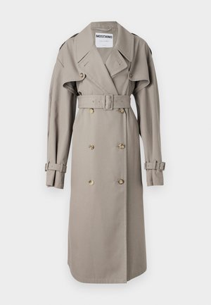 Beige Trenchcoat aus leichtem Stoff, mit doppelreihiger Knopfleiste, weitem Kragen, tailliertem Schnitt und geknöpften Manschetten. Knöpfe in Goldoptik.