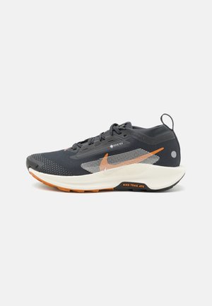 Zapatilla de running Nike Trail ATC en gris oscuro y naranja. Cuenta con una parte superior de malla, suela estable y patrones texturizados para mejor agarre. Se observa la marca GORE-TEX.