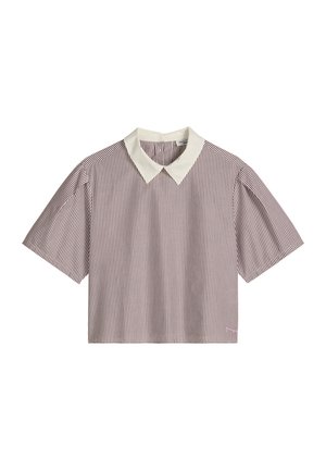 Short-sleeve cropped shirt with thin vertical brown and white stripes and a contrasting white pointed collar.
