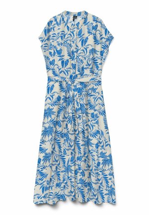 Robe midi blanche à manches courtes avec imprimé tropical bleu de feuilles et fleurs, dotée d'une taille nouée à l'avant et d'un col boutonné.