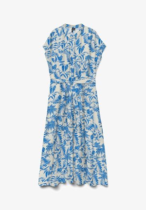 White midi dress with short sleeves and blue tropical leaf and flower print, featuring a front tie waist and button-up collar.