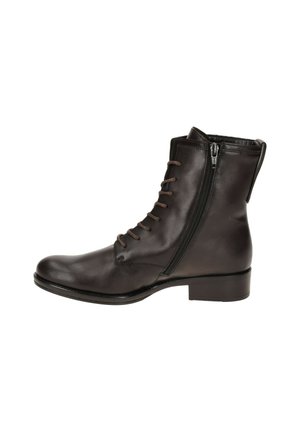 Brown leather ankle boot with a smooth texture, front lace-up design, side zipper, and a low heel. Features minimalistic style and stitching detail.