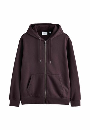 Dunkelbraunes Kapuzen-Sweatshirt mit Reißverschluss, Fronttaschen, Kordelzugkapuze sowie gerippten Bündchen und Saum auf weißem Hintergrund.