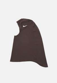 Bruine mouwloze hoodie met een verlengd achterpand en een wit Nike-logo op de linkerschouder; gladde textuur met vlakke naden.