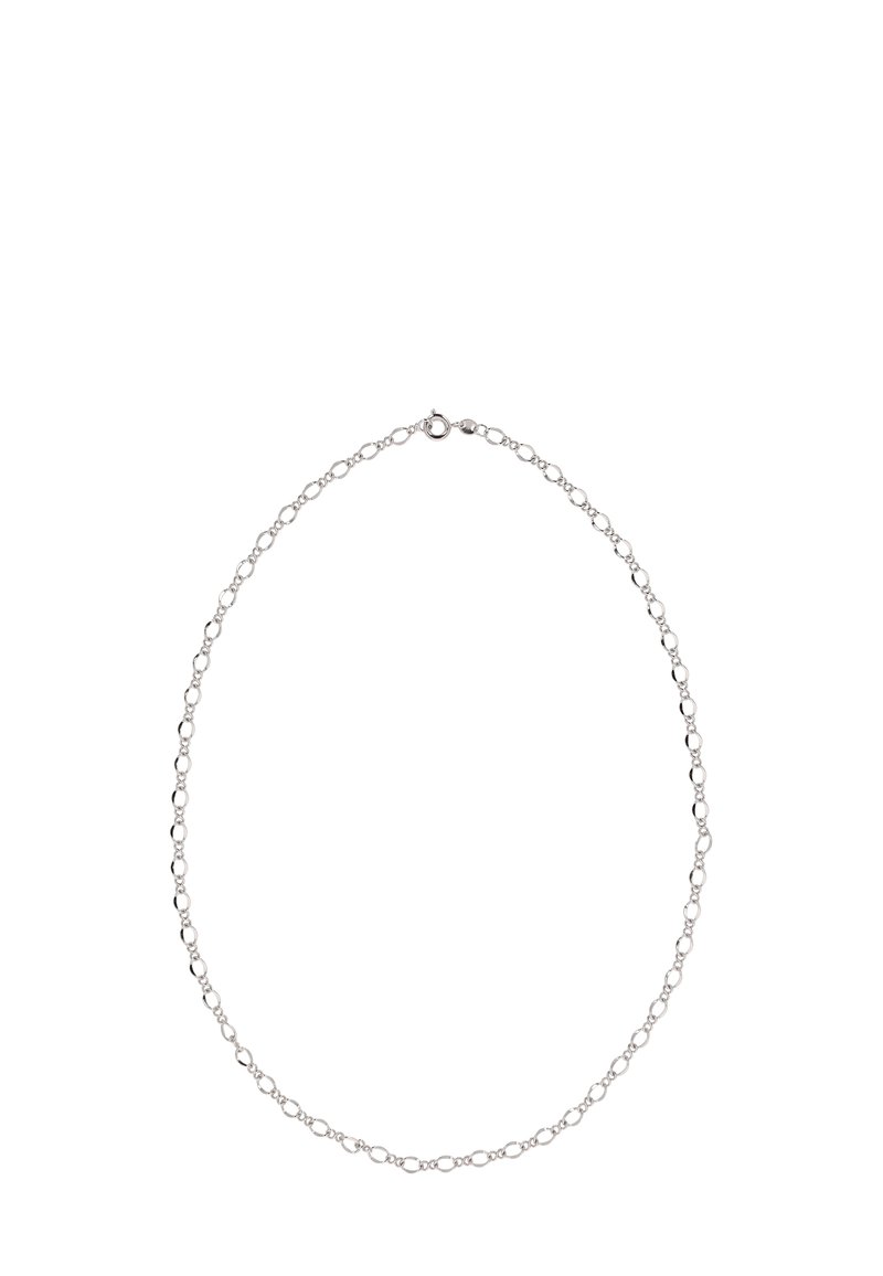 Ezüst nyaklánc, finom lánccal, kör alakú szemekkel és kapoccsal. Simar felület, letisztult kialakítás, könnyed megjelenés.