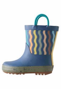 Gummi-Regenschuh in Blau mit mehrfarbigen Wellenmustern am Schaft. Verfügt über eine strukturierte grüne Sohle und zwei türkisfarbene Griffe für einfaches Anziehen.