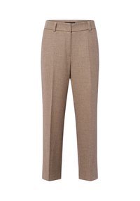 Bruine op maat gemaakte broek van gestructureerde stof, met een vlakke voorkant, twee zijzakken en een cropped broekspijpen ontwerp.