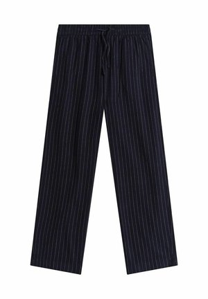 Pantalons larges rayés bleu marine avec une taille élastique et un cordon de serrage. Fabriqués dans un tissu doux avec de subtiles rayures verticales.