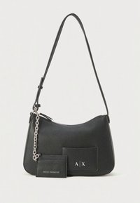 Black leather shoulder bag with a curved shape, featuring a silver chain strap and a front pocket with the letters A|X. Includes a cardholder.
