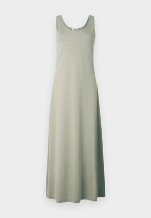 Scoop-neck, sleeveless dress in light green, made from soft fabric. Flows from the waist to ankle length, with a simple, fitted design.