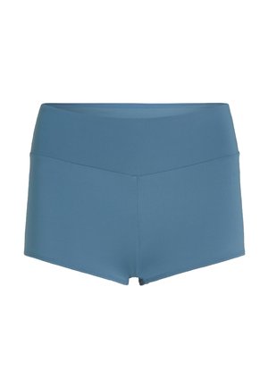 Blue, stretchy swim shorts with a high-waisted design and flat seams for comfort. Features a smooth texture and a simple, sleek silhouette.