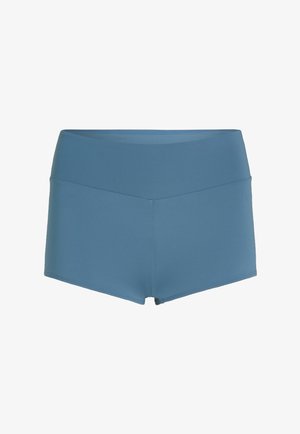 Shorts de bain bleu, extensibles, avec un design taille haute et des coutures plates pour plus de confort. Présente une texture lisse et une silhouette simple et élégante.