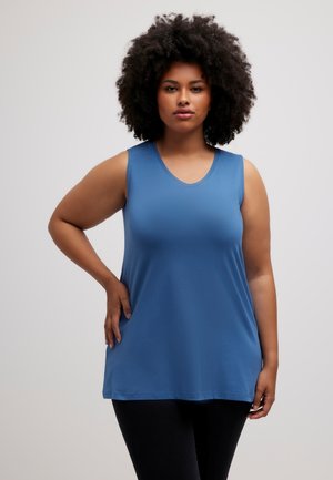 Tunic blu senza maniche in un tessuto morbido e leggero, con scollatura a V e una vestibilità rilassata, che scende sotto i fianchi.