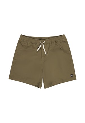 Oliwkowe spodenki kąpielowe z elastycznym pasem i białym sznurkiem, z bocznymi kieszeniami i małą czarną naszywką z logo na dole.