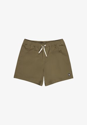 Oliwkowe spodenki kąpielowe z elastycznym pasem i białym sznurkiem, z bocznymi kieszeniami i małą czarną naszywką z logo na dole.