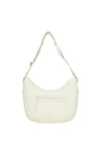 Borsa a spalla in pelle bianca arricciata, con tracolla regolabile, tasca anteriore con zip e motivo testurizzato. Presenta un patch con il logo sulla base.
