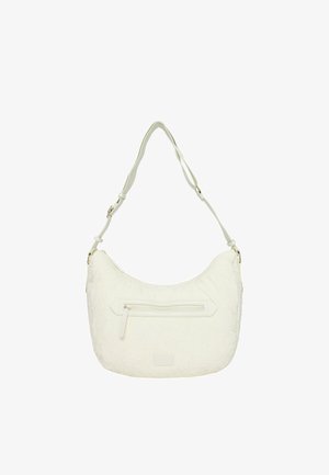 Borsa a spalla in pelle bianca arricciata, con tracolla regolabile, tasca anteriore con zip e motivo testurizzato. Presenta un patch con il logo sulla base.