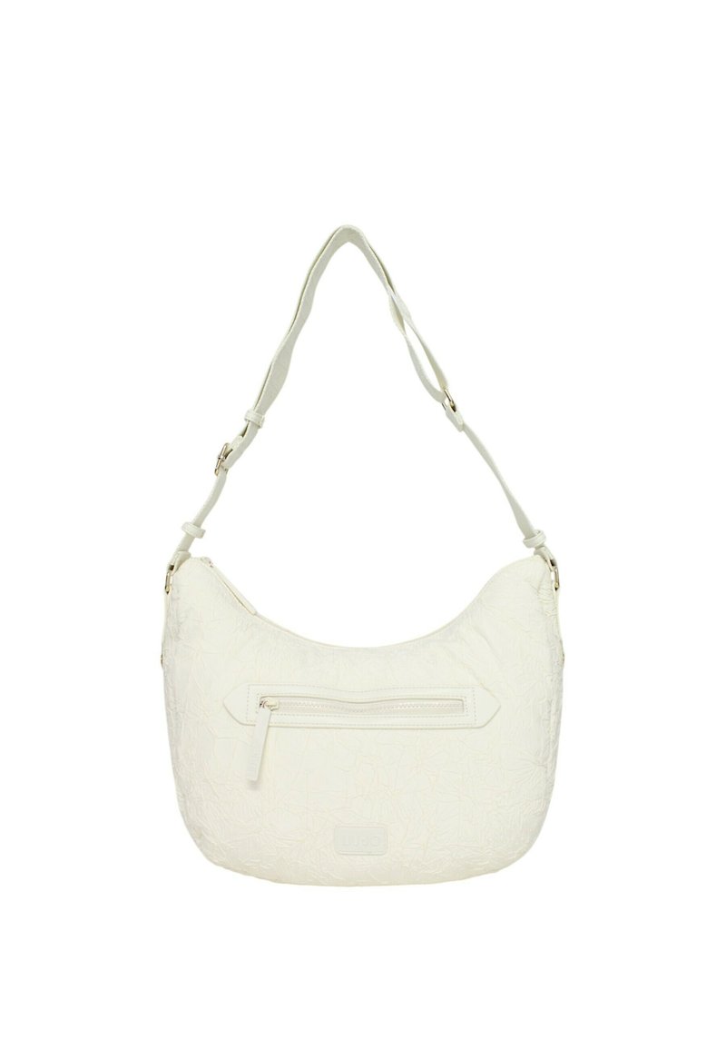 Borsa a spalla in pelle bianca arricciata, con tracolla regolabile, tasca anteriore con zip e motivo testurizzato. Presenta un patch con il logo sulla base.