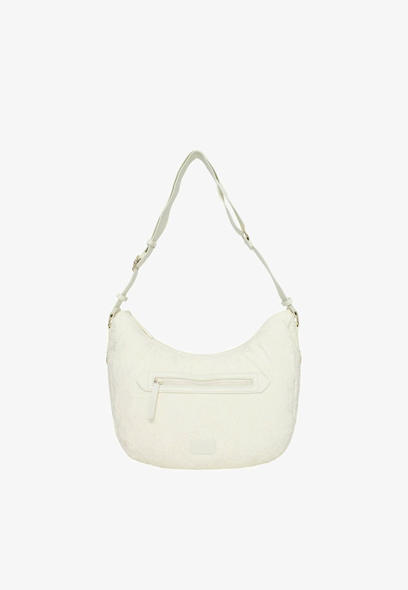 Borsa a spalla in pelle bianca arricciata, con tracolla regolabile, tasca anteriore con zip e motivo testurizzato. Presenta un patch con il logo sulla base.