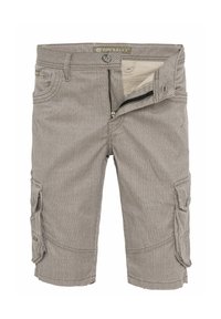 Gestreepte cargoshorts in beige en grijs, met zijzakken, een ritssluiting en zichtbare stiksels. Katoenen mix, relaxed fit ontwerp.