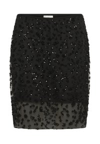Jupe noire ornée de perles avec des embellissements en sequins complexes et un panneau inférieur transparent. Tissu lisse avec une silhouette ajustée.