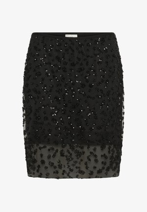 Čierna sukňa zdobená perlami s prepracovanými ozdobami z flitrov a priesvitným dolným panely. Hladká látka s priliehavým strihom.