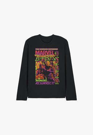 Black long-sleeve t-shirt featuring a colorful graphic print of "Marvel Zombies" with characters and text in purple, green, and orange.