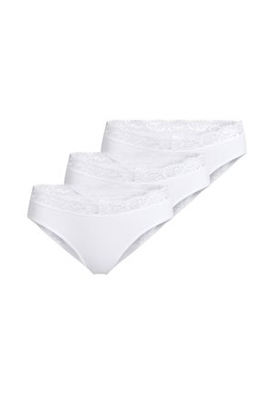 Three white women's bikini-style underwear with lace trim at the waistband, arranged overlapping on a white background.