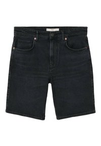Shorts en denim noir avec cinq poches, ourlets cousus et fermeture à bouton métallique. Présente des accents en métal de ton cuivre contrasté.