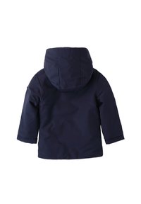 Giacca isolante blu navy con cappuccio, caratterizzata da maniche lunghe, una texture liscia e un design semplice, adatta per il freddo.