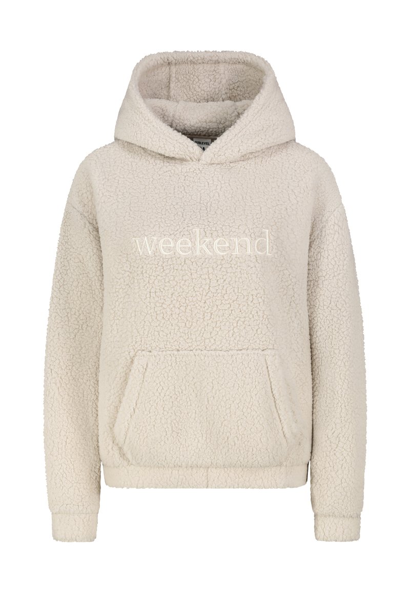 Cremfarbener Fleece-Hoodie mit strukturiertem Äußeren, Kängurutasche und weißem "weekend"-Druck. Mit verstellbarem Kapuzenzug und Bündchenärmeln.
