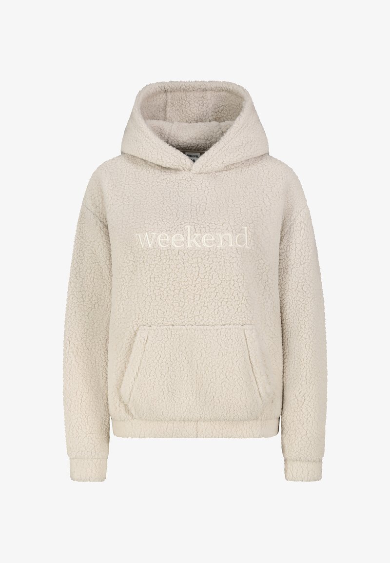 Cremfarbener Fleece-Hoodie mit strukturiertem Äußeren, Kängurutasche und weißem "weekend"-Druck. Mit verstellbarem Kapuzenzug und Bündchenärmeln.