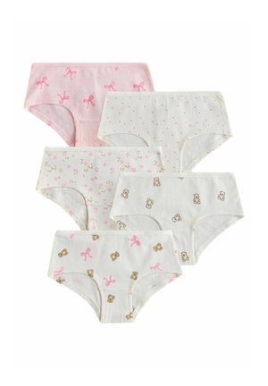 Five girls' underwear in pastel colors with pink bows, small flowers, polka dots, and teddy bear patterns on a white background.