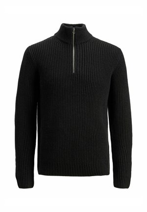 Czarny dziany sweter z wysokim kołnierzem i półzamkiem. Posiada strukturalne prążki i długie rękawy.