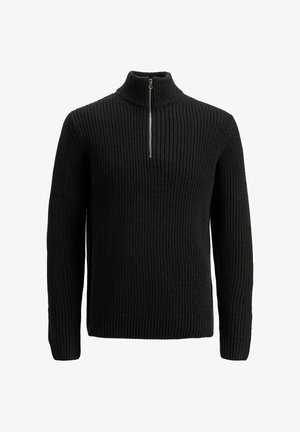 Czarny dziany sweter z wysokim kołnierzem i półzamkiem. Posiada strukturalne prążki i długie rękawy.