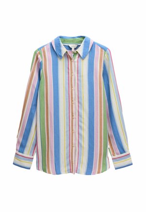Mnohofarebná košeľa na gombíky má vertikálne pruhy v modrej, ružovej, zelenej, žltej a červenej farbe na svetlom pozadí s klasickým golierom.