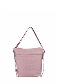 Sac bandoulière en tissu rose avec une finition texturée, une bandoulière ajustable et une poche avant. Présente un délicat logo sur le devant.