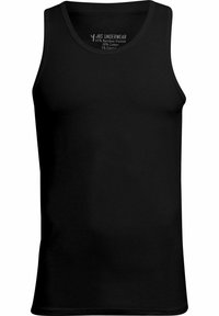 Schwarzes Tanktop aus 65 % Bambus-Viskose, 30 % Baumwolle und 5 % Elasthan. Verfügt über einen klassischen Rundhalsausschnitt und eine figurbetonte Passform.