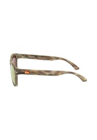 Sunglasses with a camouflage pattern frame, green mirrored lenses, and a distinctive orange logo on the side, featuring textured arms.