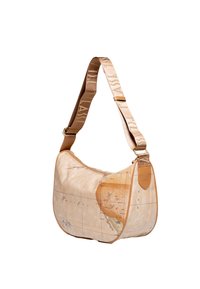 Borsa hobo in morbida ecopelle color crema con design a mappa del mondo stampata; presenta una tracolla regolabile beige e dettagli in metallo dorato.