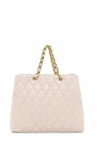 Borsa a tracolla trapuntata rosa con manici in catena dorata, caratterizzata da un design spazioso e un motivo a diamante sulla superficie.
